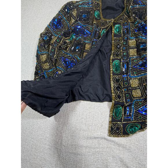 Scala Women 2X Black Gold Sequin Silk Beaded Long Sleeve Hook Eye Evening Jacket - Picture 11 of 12
